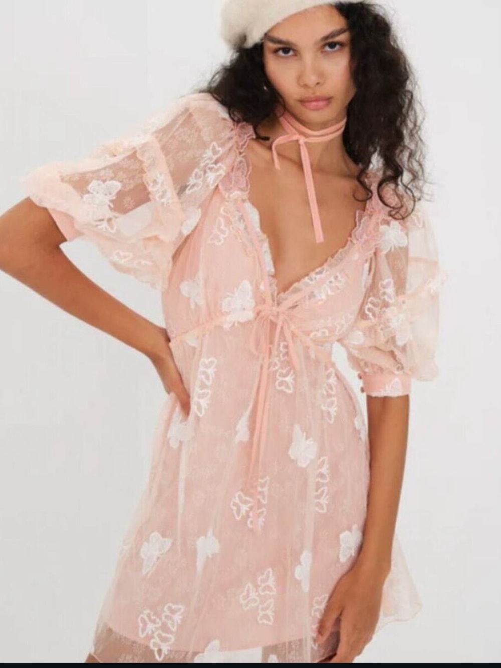 For Love And Lemons Pink Sheer Embroidered Babydoll dress with slip dress